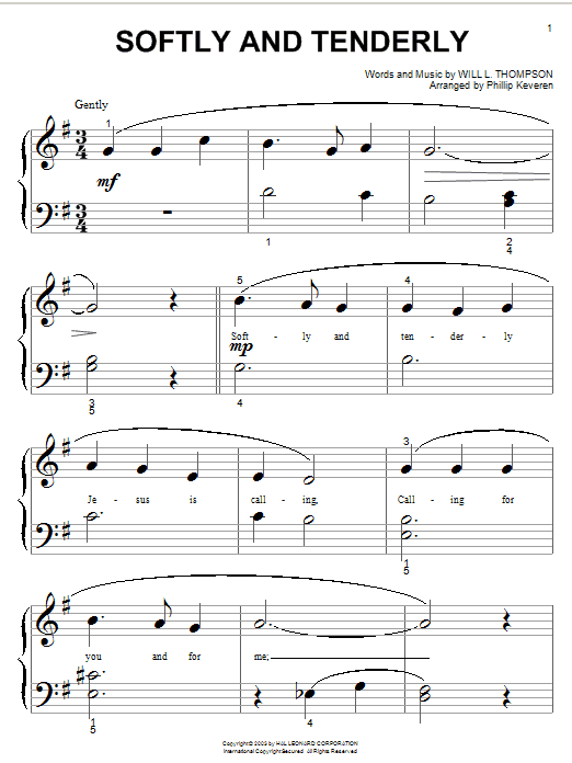 Preview Will L. Thompson Softly And Tenderly Hymn sheet music, notes and chords for Piano (Big Notes), SKU: 25703 sheet music, piano notes, chords, guitar tabs, score, transpose, transcribe, how to play, guide, download, learn, tutorial, progression, song, artist, awards, billboard, mtv, vh1, tour, single, album, release