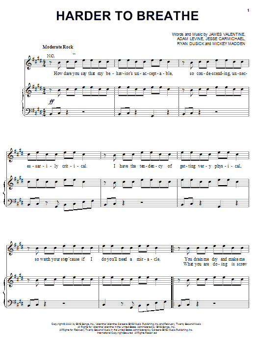 Preview Maroon 5 Harder To Breathe Pop sheet music, notes and chords for Piano, Vocal & Guitar (Right-Hand Melody), SKU: 25712 sheet music, piano notes, chords, guitar tabs, score, transpose, transcribe, how to play, guide, download, learn, tutorial, progression, song, artist, awards, billboard, mtv, vh1, tour, single, album, release