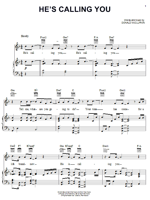 Preview Donnie McClurkin He's Calling You Religious sheet music, notes and chords for Piano, Vocal & Guitar (Right-Hand Melody), SKU: 25717 sheet music, piano notes, chords, guitar tabs, score, transpose, transcribe, how to play, guide, download, learn, tutorial, progression, song, artist, awards, billboard, mtv, vh1, tour, single, album, release
