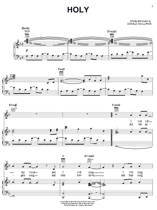 Preview Donnie McClurkin Holy Religious sheet music, notes and chords for Piano, Vocal & Guitar (Right-Hand Melody), SKU: 25718 sheet music, piano notes, chords, guitar tabs, score, transpose, transcribe, how to play, guide, download, learn, tutorial, progression, song, artist, awards, billboard, mtv, vh1, tour, single, album, release