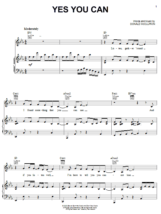 Preview Donnie McClurkin Yes You Can Religious sheet music, notes and chords for Piano, Vocal & Guitar (Right-Hand Melody), SKU: 25721 sheet music, piano notes, chords, guitar tabs, score, transpose, transcribe, how to play, guide, download, learn, tutorial, progression, song, artist, awards, billboard, mtv, vh1, tour, single, album, release