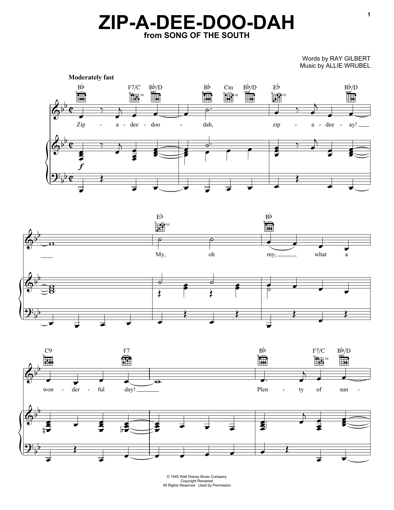 Preview Ray Gilbert Zip-A-Dee-Doo-Dah Children sheet music, notes and chords for Piano, Vocal & Guitar (Right-Hand Melody), SKU: 25722 sheet music, piano notes, chords, guitar tabs, score, transpose, transcribe, how to play, guide, download, learn, tutorial, progression, song, artist, awards, billboard, mtv, vh1, tour, single, album, release