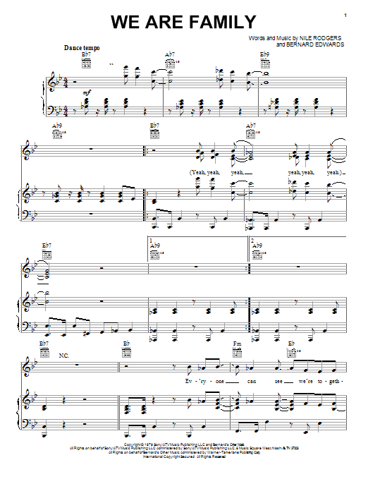 Preview Sister Sledge We Are Family Pop sheet music, notes and chords for Piano, Vocal & Guitar (Right-Hand Melody), SKU: 25748 sheet music, piano notes, chords, guitar tabs, score, transpose, transcribe, how to play, guide, download, learn, tutorial, progression, song, artist, awards, billboard, mtv, vh1, tour, single, album, release