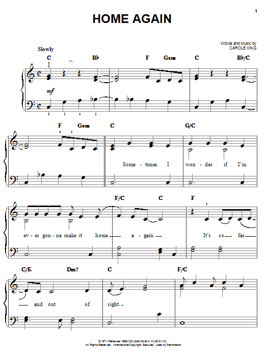Preview Carole King Home Again Pop sheet music, notes and chords for Easy Piano, SKU: 25749 sheet music, piano notes, chords, guitar tabs, score, transpose, transcribe, how to play, guide, download, learn, tutorial, progression, song, artist, awards, billboard, mtv, vh1, tour, single, album, release