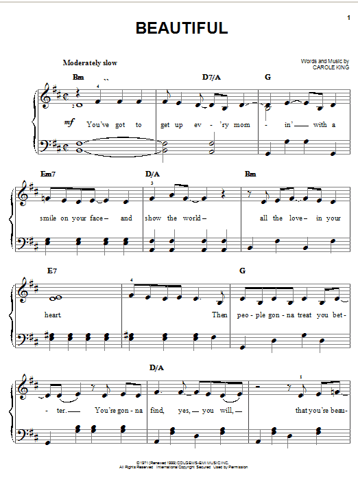 Preview Carole King Beautiful Pop sheet music, notes and chords for Easy Piano, SKU: 25751 sheet music, piano notes, chords, guitar tabs, score, transpose, transcribe, how to play, guide, download, learn, tutorial, progression, song, artist, awards, billboard, mtv, vh1, tour, single, album, release