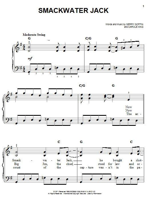 Preview Carole King Smackwater Jack Pop sheet music, notes and chords for Easy Piano, SKU: 25752 sheet music, piano notes, chords, guitar tabs, score, transpose, transcribe, how to play, guide, download, learn, tutorial, progression, song, artist, awards, billboard, mtv, vh1, tour, single, album, release