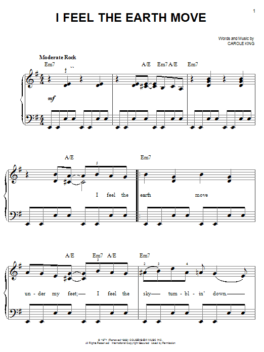 Preview Carole King I Feel The Earth Move Rock sheet music, notes and chords for Easy Piano, SKU: 25753 sheet music, piano notes, chords, guitar tabs, score, transpose, transcribe, how to play, guide, download, learn, tutorial, progression, song, artist, awards, billboard, mtv, vh1, tour, single, album, release