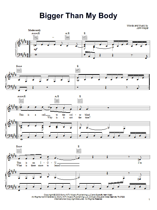 Preview John Mayer Bigger Than My Body Pop sheet music, notes and chords for Piano, Vocal & Guitar (Right-Hand Melody), SKU: 25756 sheet music, piano notes, chords, guitar tabs, score, transpose, transcribe, how to play, guide, download, learn, tutorial, progression, song, artist, awards, billboard, mtv, vh1, tour, single, album, release