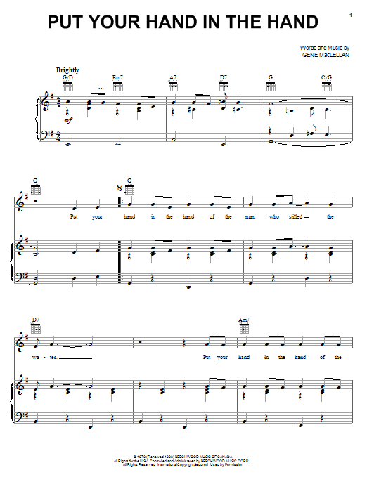 Preview Ocean Put Your Hand In The Hand Country sheet music, notes and chords for Piano, Vocal & Guitar (Right-Hand Melody), SKU: 25757 sheet music, piano notes, chords, guitar tabs, score, transpose, transcribe, how to play, guide, download, learn, tutorial, progression, song, artist, awards, billboard, mtv, vh1, tour, single, album, release