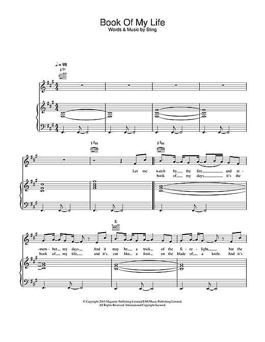 Preview Sting Book Of My Life Rock sheet music, notes and chords for Piano, Vocal & Guitar, SKU: 25758 sheet music, piano notes, chords, guitar tabs, score, transpose, transcribe, how to play, guide, download, learn, tutorial, progression, song, artist, awards, billboard, mtv, vh1, tour, single, album, release