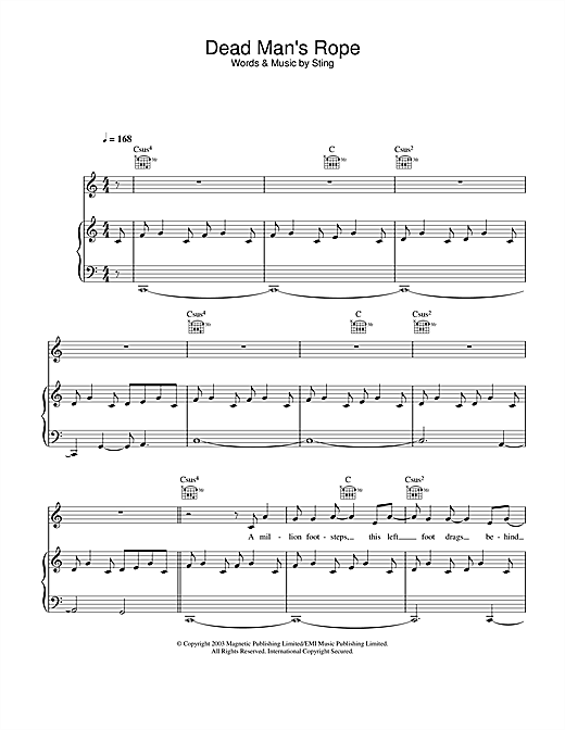 Preview Sting Dead Man's Rope Rock sheet music, notes and chords for Piano, Vocal & Guitar, SKU: 25759 sheet music, piano notes, chords, guitar tabs, score, transpose, transcribe, how to play, guide, download, learn, tutorial, progression, song, artist, awards, billboard, mtv, vh1, tour, single, album, release