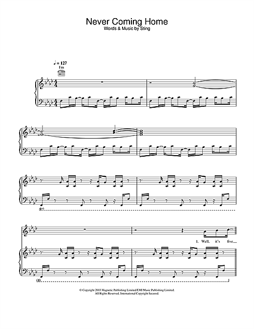 Preview Sting Never Coming Home Rock sheet music, notes and chords for Piano, Vocal & Guitar, SKU: 25763 sheet music, piano notes, chords, guitar tabs, score, transpose, transcribe, how to play, guide, download, learn, tutorial, progression, song, artist, awards, billboard, mtv, vh1, tour, single, album, release