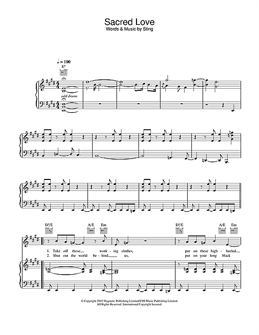 Preview Sting Sacred Love Rock sheet music, notes and chords for Piano, Vocal & Guitar, SKU: 25764 sheet music, piano notes, chords, guitar tabs, score, transpose, transcribe, how to play, guide, download, learn, tutorial, progression, song, artist, awards, billboard, mtv, vh1, tour, single, album, release