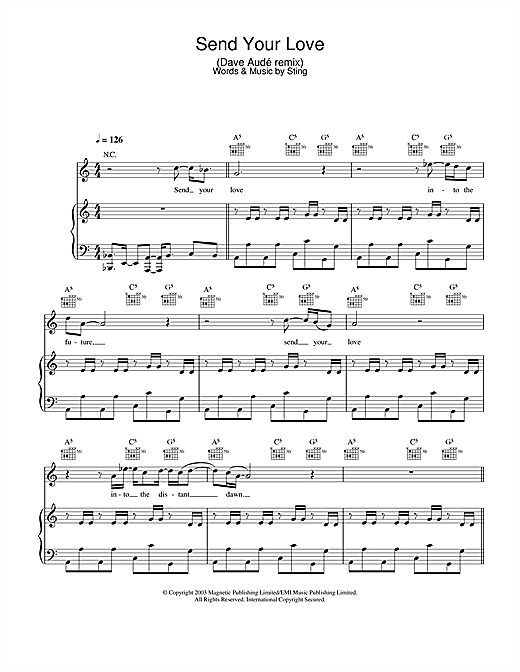 Preview Sting Send Your Love (Dave Audé remix) Rock sheet music, notes and chords for Piano, Vocal & Guitar, SKU: 25765 sheet music, piano notes, chords, guitar tabs, score, transpose, transcribe, how to play, guide, download, learn, tutorial, progression, song, artist, awards, billboard, mtv, vh1, tour, single, album, release