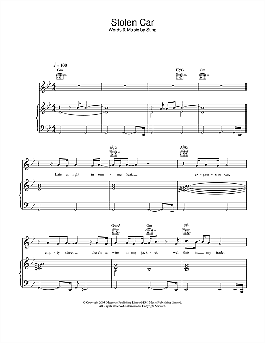 Preview Sting Stolen Car Rock sheet music, notes and chords for Piano, Vocal & Guitar, SKU: 25766 sheet music, piano notes, chords, guitar tabs, score, transpose, transcribe, how to play, guide, download, learn, tutorial, progression, song, artist, awards, billboard, mtv, vh1, tour, single, album, release