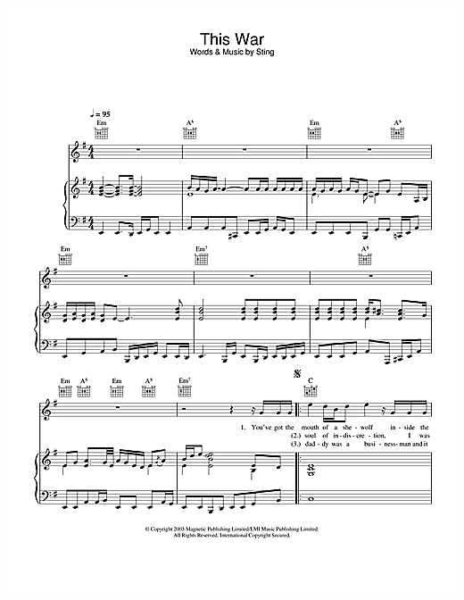 Preview Sting This War Rock sheet music, notes and chords for Piano, Vocal & Guitar, SKU: 25767 sheet music, piano notes, chords, guitar tabs, score, transpose, transcribe, how to play, guide, download, learn, tutorial, progression, song, artist, awards, billboard, mtv, vh1, tour, single, album, release