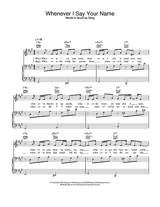Preview Sting Whenever I Say Your Name Rock sheet music, notes and chords for Piano, Vocal & Guitar, SKU: 25768 sheet music, piano notes, chords, guitar tabs, score, transpose, transcribe, how to play, guide, download, learn, tutorial, progression, song, artist, awards, billboard, mtv, vh1, tour, single, album, release
