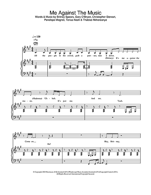 Preview Britney Spears Me Against The Music (feat. Madonna) Pop sheet music, notes and chords for Piano, Vocal & Guitar, SKU: 25770 sheet music, piano notes, chords, guitar tabs, score, transpose, transcribe, how to play, guide, download, learn, tutorial, progression, song, artist, awards, billboard, mtv, vh1, tour, single, album, release