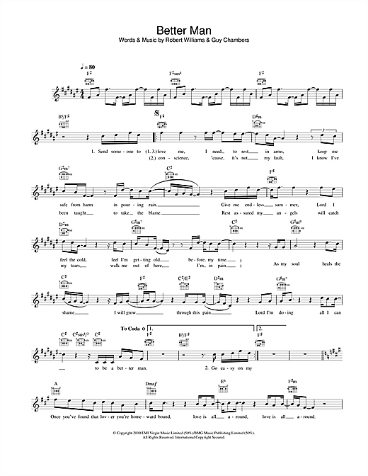 Preview Robbie Williams Better Man Pop sheet music, notes and chords for Melody Line, Lyrics & Chords, SKU: 25771 sheet music, piano notes, chords, guitar tabs, score, transpose, transcribe, how to play, guide, download, learn, tutorial, progression, song, artist, awards, billboard, mtv, vh1, tour, single, album, release