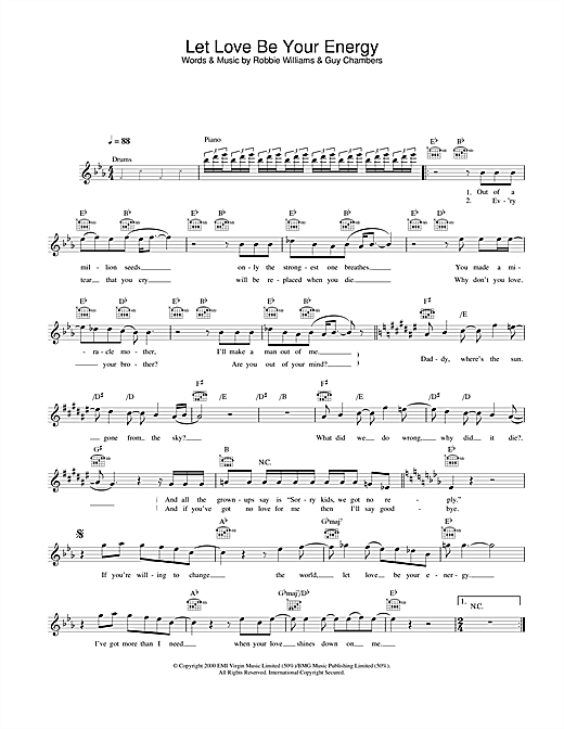 Preview Robbie Williams Let Love Be Your Energy Pop sheet music, notes and chords for Melody Line, Lyrics & Chords, SKU: 25772 sheet music, piano notes, chords, guitar tabs, score, transpose, transcribe, how to play, guide, download, learn, tutorial, progression, song, artist, awards, billboard, mtv, vh1, tour, single, album, release