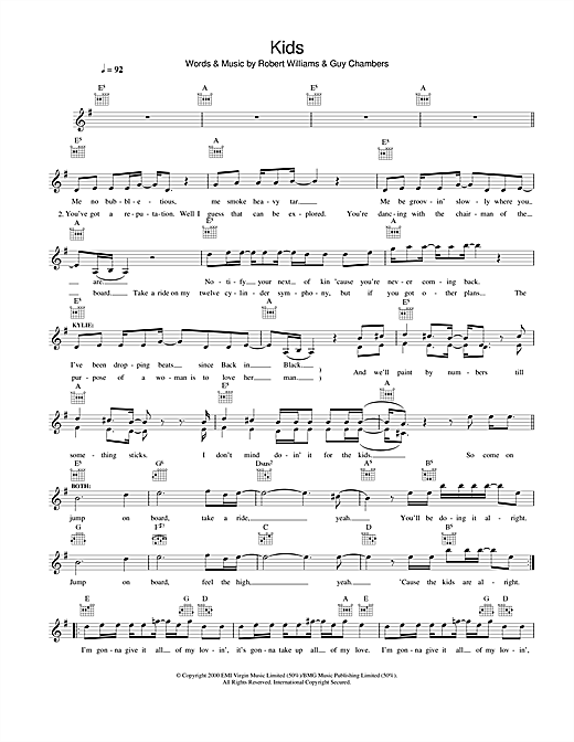 Preview Robbie Williams And Kylie Minogue Kids Pop sheet music, notes and chords for Melody Line, Lyrics & Chords, SKU: 25773 sheet music, piano notes, chords, guitar tabs, score, transpose, transcribe, how to play, guide, download, learn, tutorial, progression, song, artist, awards, billboard, mtv, vh1, tour, single, album, release