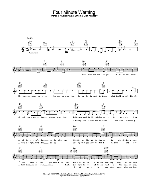 Preview Mark Owen Four Minute Warning Pop sheet music, notes and chords for Melody Line, Lyrics & Chords, SKU: 25774 sheet music, piano notes, chords, guitar tabs, score, transpose, transcribe, how to play, guide, download, learn, tutorial, progression, song, artist, awards, billboard, mtv, vh1, tour, single, album, release