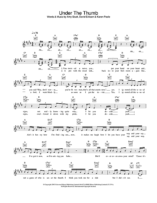 Preview Amy Studt Under The Thumb Pop sheet music, notes and chords for Melody Line, Lyrics & Chords, SKU: 25775 sheet music, piano notes, chords, guitar tabs, score, transpose, transcribe, how to play, guide, download, learn, tutorial, progression, song, artist, awards, billboard, mtv, vh1, tour, single, album, release