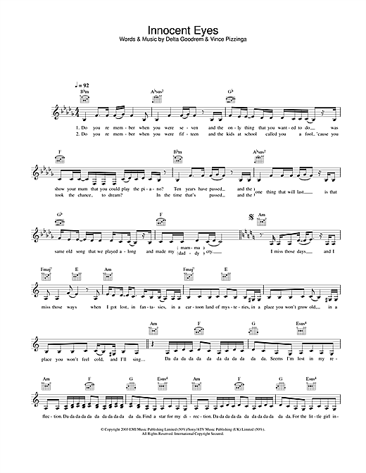 Preview Delta Goodrem Innocent Eyes Pop sheet music, notes and chords for Melody Line, Lyrics & Chords, SKU: 25776 sheet music, piano notes, chords, guitar tabs, score, transpose, transcribe, how to play, guide, download, learn, tutorial, progression, song, artist, awards, billboard, mtv, vh1, tour, single, album, release