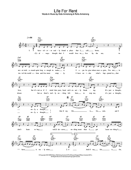 Preview Dido Life For Rent Pop sheet music, notes and chords for Melody Line, Lyrics & Chords, SKU: 25777 sheet music, piano notes, chords, guitar tabs, score, transpose, transcribe, how to play, guide, download, learn, tutorial, progression, song, artist, awards, billboard, mtv, vh1, tour, single, album, release