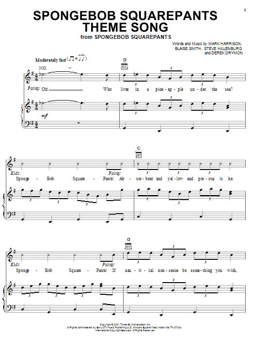 Preview Mark Harrison SpongeBob SquarePants Theme Song Children sheet music, notes and chords for Piano, Vocal & Guitar (Right-Hand Melody), SKU: 25779 sheet music, piano notes, chords, guitar tabs, score, transpose, transcribe, how to play, guide, download, learn, tutorial, progression, song, artist, awards, billboard, mtv, vh1, tour, single, album, release