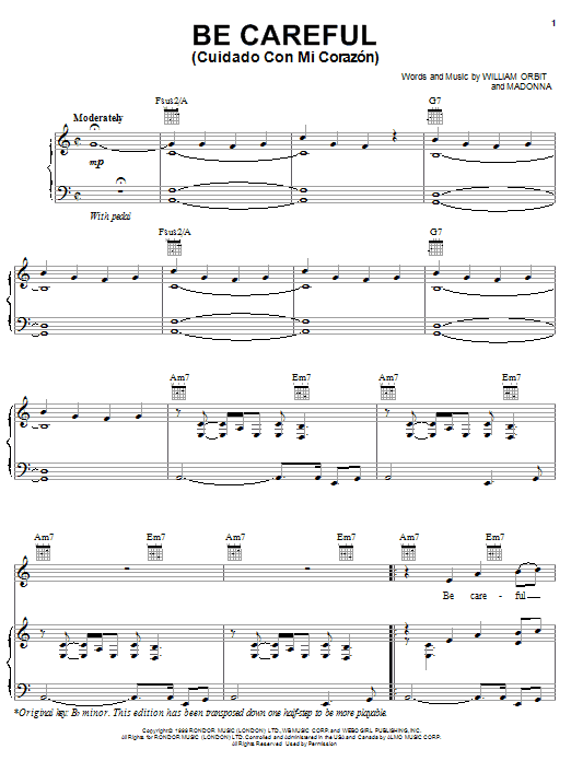 Preview Ricky Martin Be Careful (Cuidado Con Mi Corazon) Pop sheet music, notes and chords for Piano, Vocal & Guitar (Right-Hand Melody), SKU: 25781 sheet music, piano notes, chords, guitar tabs, score, transpose, transcribe, how to play, guide, download, learn, tutorial, progression, song, artist, awards, billboard, mtv, vh1, tour, single, album, release