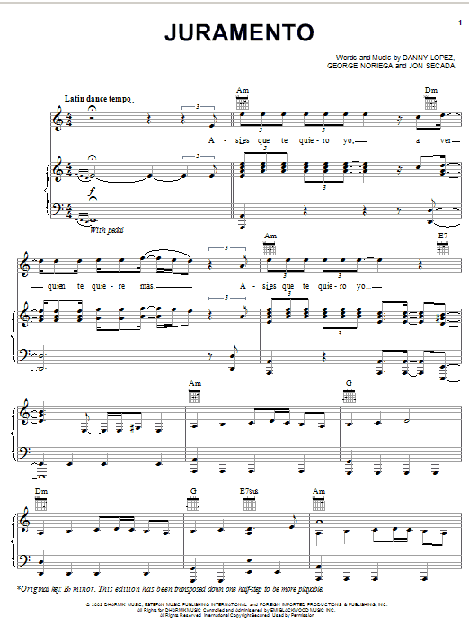 Preview Ricky Martin Juramento Pop sheet music, notes and chords for Piano, Vocal & Guitar (Right-Hand Melody), SKU: 25783 sheet music, piano notes, chords, guitar tabs, score, transpose, transcribe, how to play, guide, download, learn, tutorial, progression, song, artist, awards, billboard, mtv, vh1, tour, single, album, release
