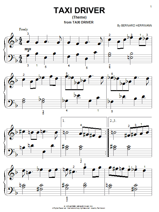Preview Bernard Herrmann Taxi Driver (Theme) Film and TV sheet music, notes and chords for Piano (Big Notes), SKU: 25787 sheet music, piano notes, chords, guitar tabs, score, transpose, transcribe, how to play, guide, download, learn, tutorial, progression, song, artist, awards, billboard, mtv, vh1, tour, single, album, release