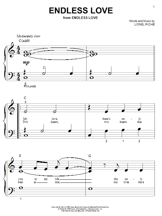 Preview Lionel Richie & Diana Ross Endless Love Pop sheet music, notes and chords for Piano (Big Notes), SKU: 25789 sheet music, piano notes, chords, guitar tabs, score, transpose, transcribe, how to play, guide, download, learn, tutorial, progression, song, artist, awards, billboard, mtv, vh1, tour, single, album, release