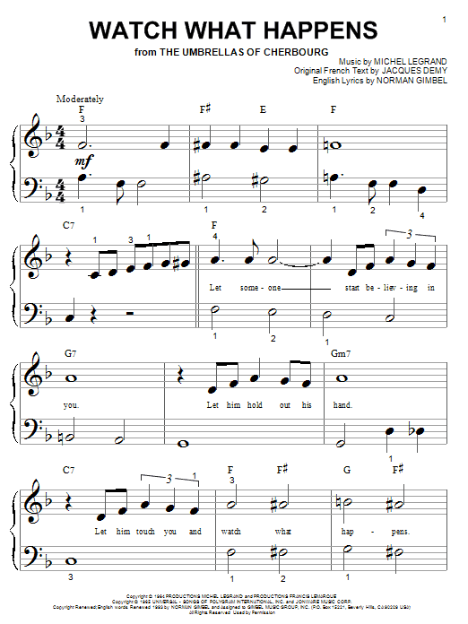 Preview Michel Legrand Watch What Happens Jazz sheet music, notes and chords for Piano (Big Notes), SKU: 25790 sheet music, piano notes, chords, guitar tabs, score, transpose, transcribe, how to play, guide, download, learn, tutorial, progression, song, artist, awards, billboard, mtv, vh1, tour, single, album, release