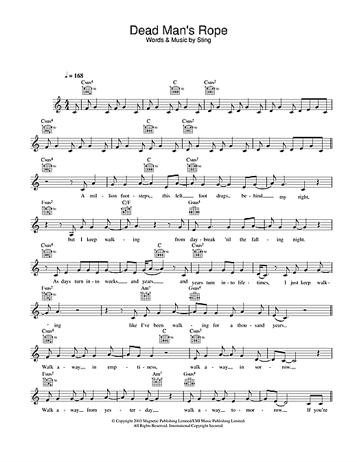 Preview Sting Dead Man's Rope Rock sheet music, notes and chords for Melody Line, Lyrics & Chords, SKU: 25793 sheet music, piano notes, chords, guitar tabs, score, transpose, transcribe, how to play, guide, download, learn, tutorial, progression, song, artist, awards, billboard, mtv, vh1, tour, single, album, release