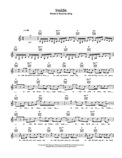 Preview Sting Inside Rock sheet music, notes and chords for Melody Line, Lyrics & Chords, SKU: 25795 sheet music, piano notes, chords, guitar tabs, score, transpose, transcribe, how to play, guide, download, learn, tutorial, progression, song, artist, awards, billboard, mtv, vh1, tour, single, album, release