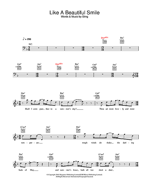 Preview Sting Like A Beautiful Smile Rock sheet music, notes and chords for Melody Line, Lyrics & Chords, SKU: 25796 sheet music, piano notes, chords, guitar tabs, score, transpose, transcribe, how to play, guide, download, learn, tutorial, progression, song, artist, awards, billboard, mtv, vh1, tour, single, album, release