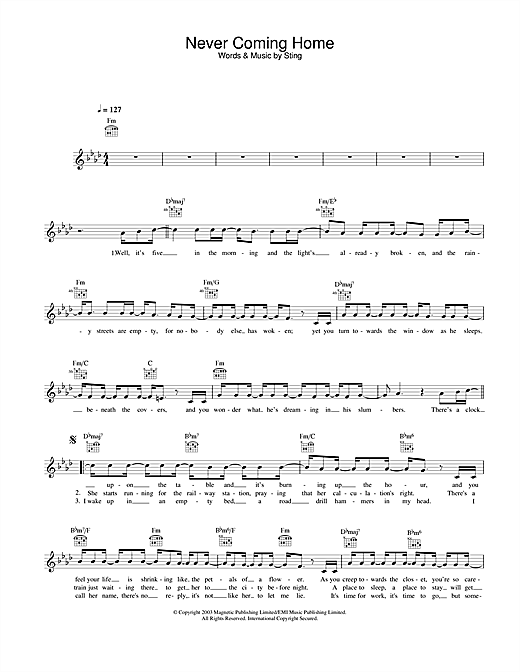 Preview Sting Never Coming Home Rock sheet music, notes and chords for Melody Line, Lyrics & Chords, SKU: 25797 sheet music, piano notes, chords, guitar tabs, score, transpose, transcribe, how to play, guide, download, learn, tutorial, progression, song, artist, awards, billboard, mtv, vh1, tour, single, album, release