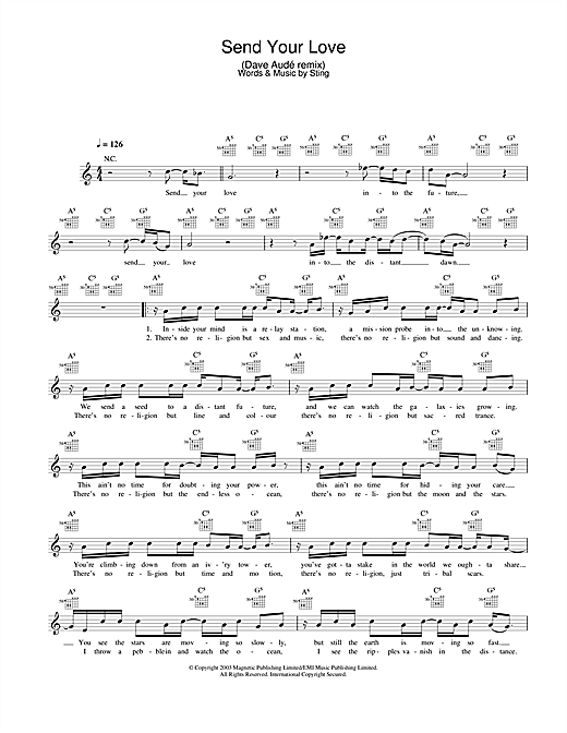 Preview Sting Send Your Love (Dave Audé remix) Rock sheet music, notes and chords for Melody Line, Lyrics & Chords, SKU: 25798 sheet music, piano notes, chords, guitar tabs, score, transpose, transcribe, how to play, guide, download, learn, tutorial, progression, song, artist, awards, billboard, mtv, vh1, tour, single, album, release