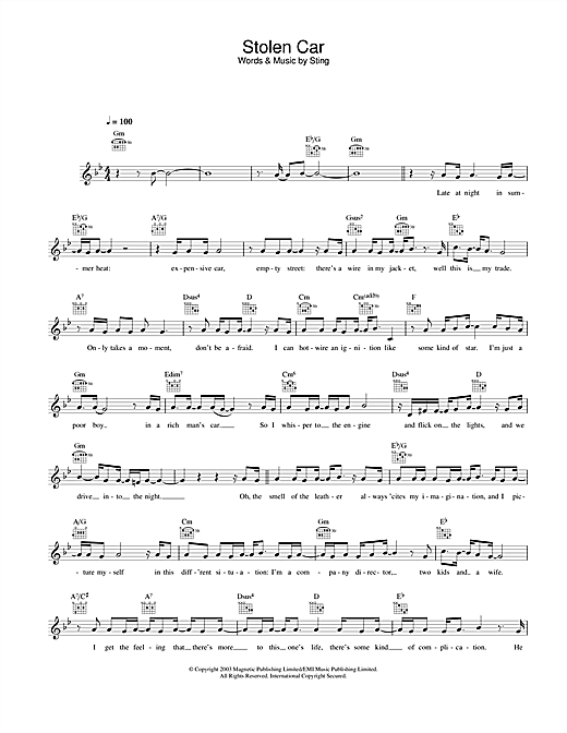 Preview Sting Stolen Car Rock sheet music, notes and chords for Melody Line, Lyrics & Chords, SKU: 25799 sheet music, piano notes, chords, guitar tabs, score, transpose, transcribe, how to play, guide, download, learn, tutorial, progression, song, artist, awards, billboard, mtv, vh1, tour, single, album, release