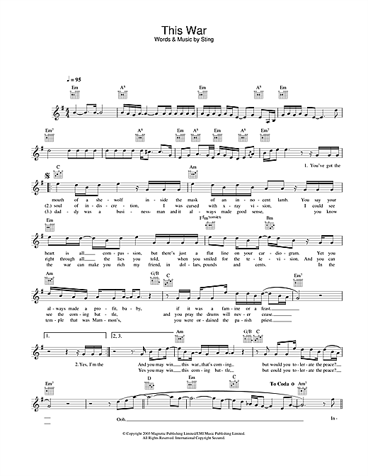Preview Sting This War Rock sheet music, notes and chords for Melody Line, Lyrics & Chords, SKU: 25800 sheet music, piano notes, chords, guitar tabs, score, transpose, transcribe, how to play, guide, download, learn, tutorial, progression, song, artist, awards, billboard, mtv, vh1, tour, single, album, release