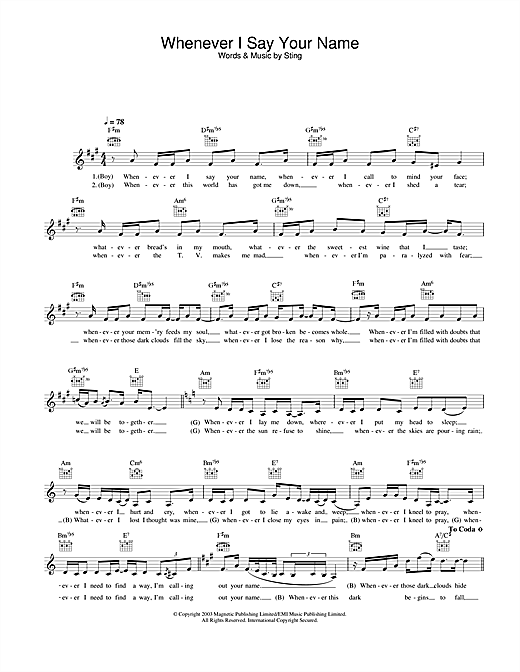 Preview Sting Whenever I Say Your Name Rock sheet music, notes and chords for Melody Line, Lyrics & Chords, SKU: 25801 sheet music, piano notes, chords, guitar tabs, score, transpose, transcribe, how to play, guide, download, learn, tutorial, progression, song, artist, awards, billboard, mtv, vh1, tour, single, album, release