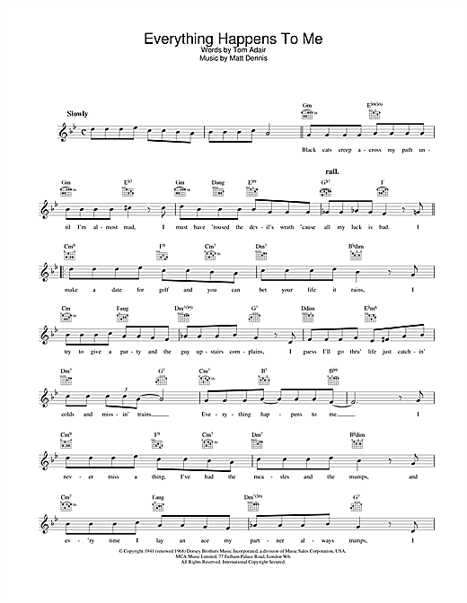 Preview Frank Sinatra Everything Happens To Me Jazz sheet music, notes and chords for Melody Line, Lyrics & Chords, SKU: 25803 sheet music, piano notes, chords, guitar tabs, score, transpose, transcribe, how to play, guide, download, learn, tutorial, progression, song, artist, awards, billboard, mtv, vh1, tour, single, album, release
