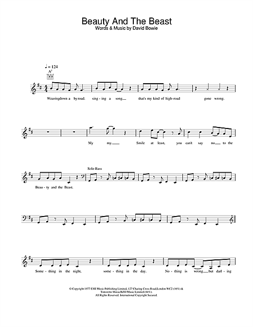 Preview David Bowie Beauty And The Beast Rock sheet music, notes and chords for Melody Line, Lyrics & Chords, SKU: 25804 sheet music, piano notes, chords, guitar tabs, score, transpose, transcribe, how to play, guide, download, learn, tutorial, progression, song, artist, awards, billboard, mtv, vh1, tour, single, album, release