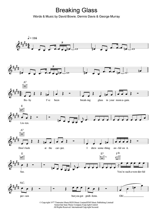 Preview David Bowie Breaking Glass Rock sheet music, notes and chords for Melody Line, Lyrics & Chords, SKU: 25805 sheet music, piano notes, chords, guitar tabs, score, transpose, transcribe, how to play, guide, download, learn, tutorial, progression, song, artist, awards, billboard, mtv, vh1, tour, single, album, release