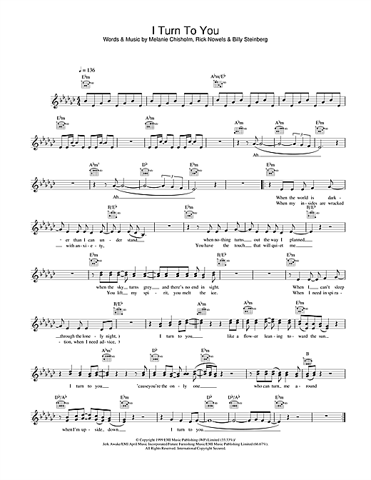 Preview Melanie C I Turn To You Pop sheet music, notes and chords for Melody Line, Lyrics & Chords, SKU: 25807 sheet music, piano notes, chords, guitar tabs, score, transpose, transcribe, how to play, guide, download, learn, tutorial, progression, song, artist, awards, billboard, mtv, vh1, tour, single, album, release