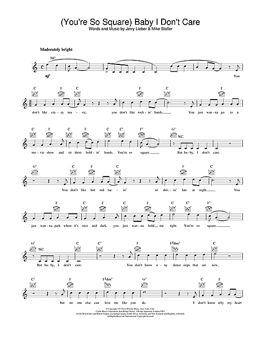 Preview Elvis Presley (You're So Square) Baby I Don't Care Pop sheet music, notes and chords for Melody Line, Lyrics & Chords, SKU: 25808 sheet music, piano notes, chords, guitar tabs, score, transpose, transcribe, how to play, guide, download, learn, tutorial, progression, song, artist, awards, billboard, mtv, vh1, tour, single, album, release