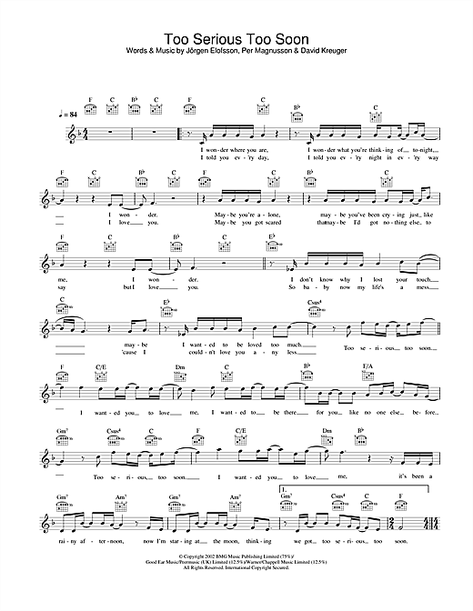 Preview Gareth Gates Too Serious Too Soon Pop sheet music, notes and chords for Melody Line, Lyrics & Chords, SKU: 25814 sheet music, piano notes, chords, guitar tabs, score, transpose, transcribe, how to play, guide, download, learn, tutorial, progression, song, artist, awards, billboard, mtv, vh1, tour, single, album, release