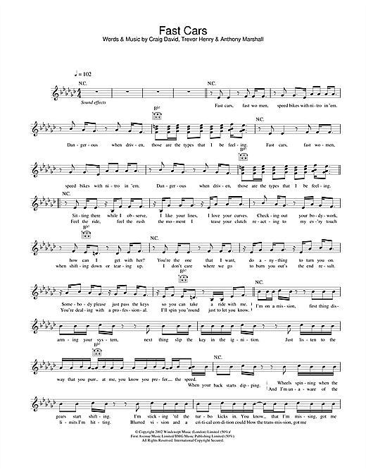 Preview Craig David Fast Cars R & B sheet music, notes and chords for Melody Line, Lyrics & Chords, SKU: 25818 sheet music, piano notes, chords, guitar tabs, score, transpose, transcribe, how to play, guide, download, learn, tutorial, progression, song, artist, awards, billboard, mtv, vh1, tour, single, album, release